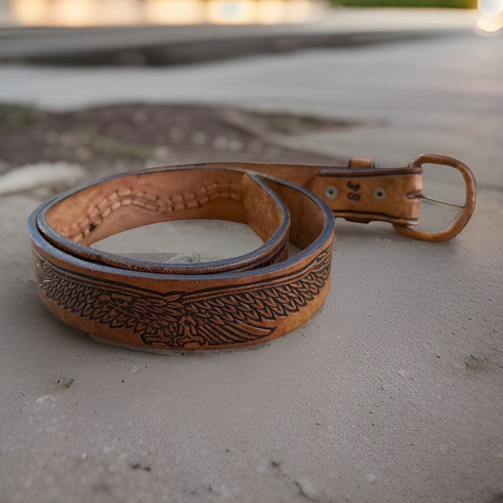Vintage Hand-Tooled Leather Belt Eagle Motif Braided Western Artisan Crafted 38